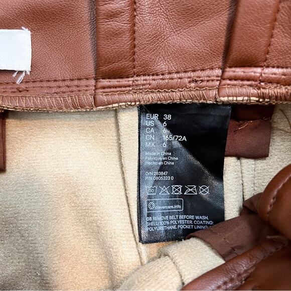 H&M Brown Vegan Leather Belted Paper Bag Trousers Tapered Pants Size 6 - Picture 11 of 11
